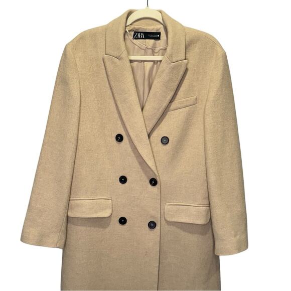 Zara Wool Blend Double Breasted Classic Straight Cut Beige Coat Small - Picture 4 of 12